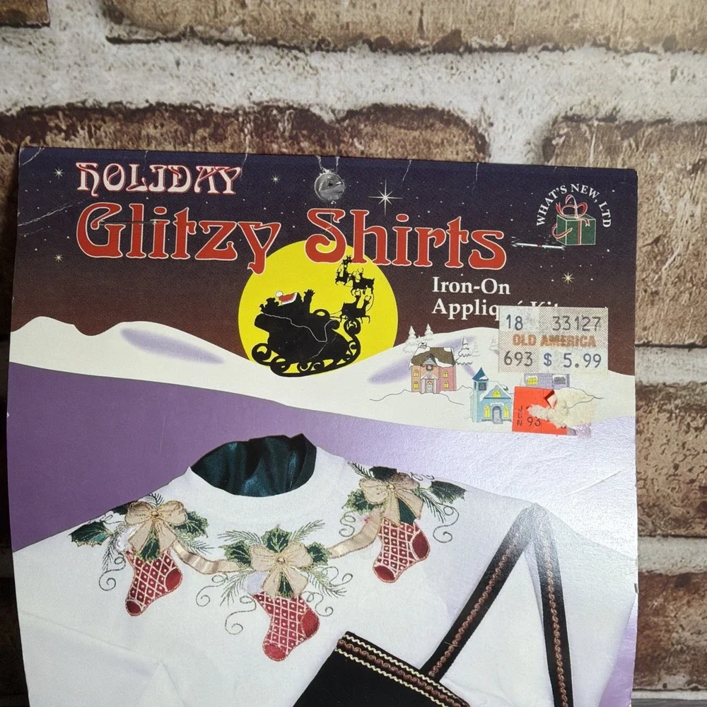 VTG Glitzy Shirts Iron On Applique Kit Stocking Garland Ugly Christmas Sweater
